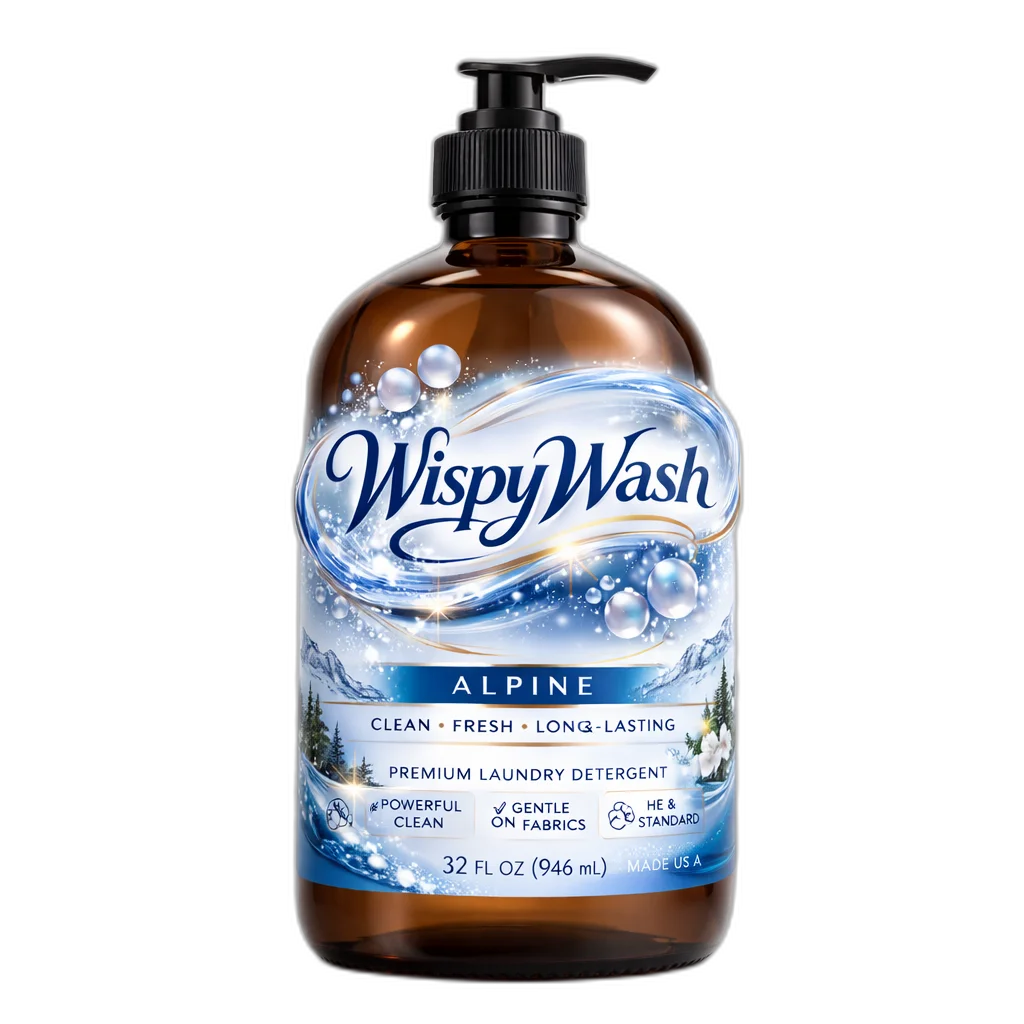 WispyWash Alpine premium liquid laundry soap - crisp mountain air and fresh evergreen scent